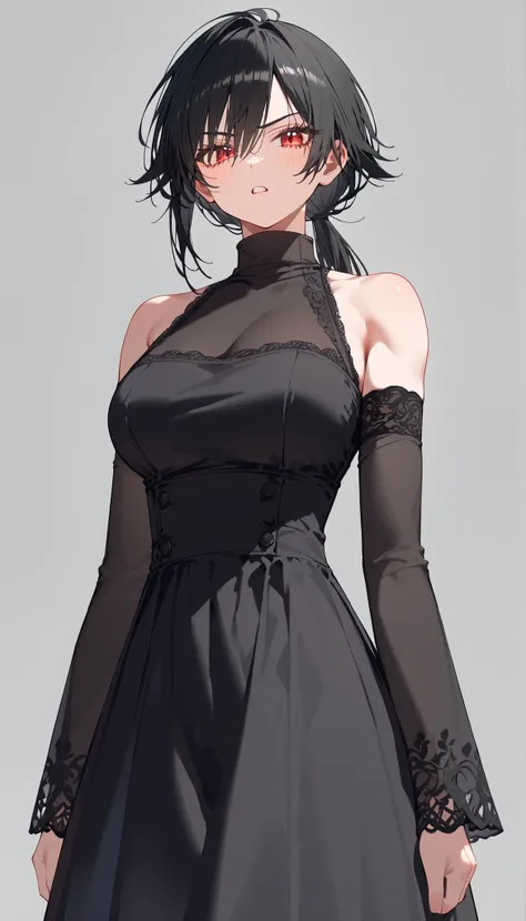 alone,girl, tomboy, black hair,ผมสีดำ,in red eyes,long hair,Fierce face,good figure,slim,Tall,Calm down,front focus,standing,Serious-Faced Shirt,Upper Body Shape,milf,long hair,gray background,,bright,looking at the audience,big breasts,,Turtleneck dress,m...