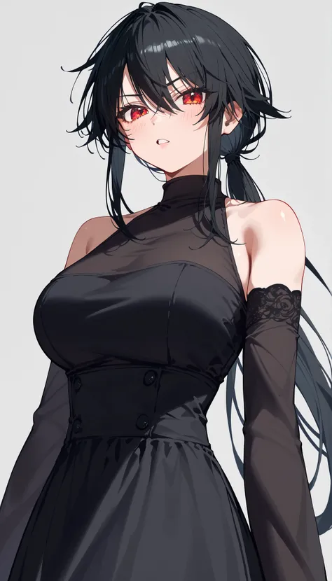 alone,girl, tomboy, black hair,ผมสีดำ,in red eyes,long hair,Fierce face,good figure,slim,Tall,Calm down,front focus,standing,Serious-Faced Shirt,Upper Body Shape,milf,long hair,gray background,,bright,looking at the audience,big breasts,,Turtleneck dress,m...