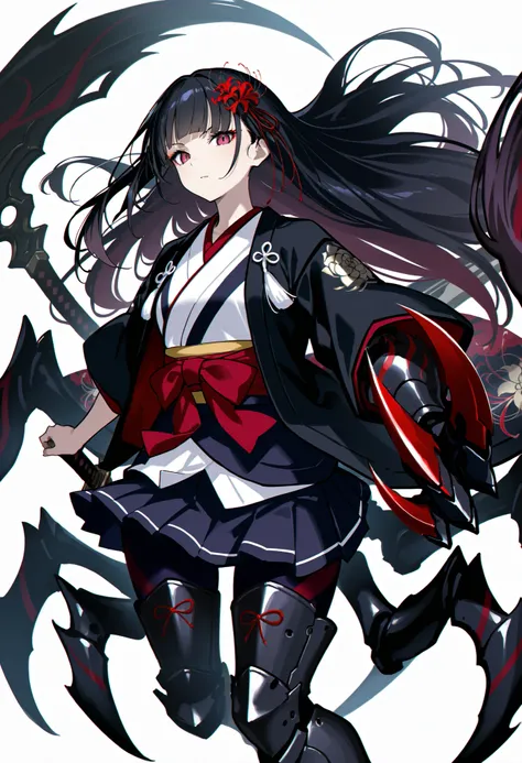 Arachne Girl. Black hair. Straight bangs. Long hair. Red spider lily hair accessory. White Japanese school uniform. Black Japanese kimono jacket. Black spider legs. Armored arms. Sharp claws. Weapon held: Sword.