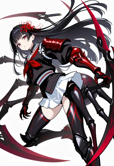 Arachne Girl. Black hair. Straight bangs. Long hair. Red spider lily hair accessory. White Japanese school uniform. Black Japanese kimono jacket. Black spider legs. Armored arms. Sharp claws. Weapon held: Sword.