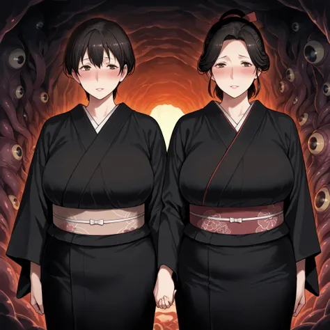 masterpiece, in a creepy cave full of octopuses, ((Two mature women side by side, walk hand in hand)), tentacle pit, Surrounded by octopuses, Wear a black kimono, black Japanese style costume, blush, chubby, Big Breast, dark haired, short hair and ponytail...
