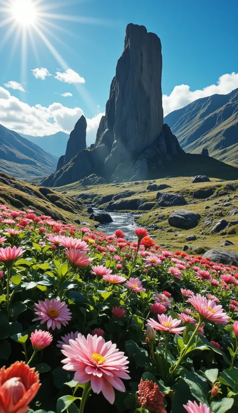   in high-definition images、What I'm imagining、A Masterpiece of Chilean Plateau Scenery、bright color、Strong Style with Spectacular Dramatic Expression、Flowers at the Limits of the Forest々、one giant megalithic relic（Megalithic Wall）、A gentle flower、Premium ...
