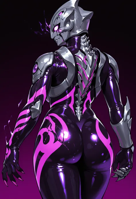 Dark Ultraman Girl. Full-face helmet head. Purple glowing eyes. Blank eyes. Glossy. Black image color. Purple decoration. Pink lines. Latex bodysuit. Cracked tattoos. Asymmetrical arms. Armored arms. Sharp claws. Back. Butt. Spine armor.
