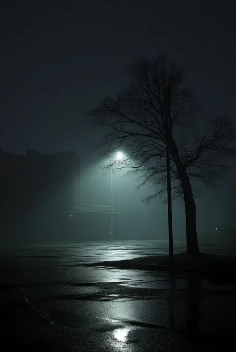 A dark empty Hospital parking lot, tree, surreal lighting, liminal, wind, dark Hospital background, hyper realistic, high detail, masterpiece.