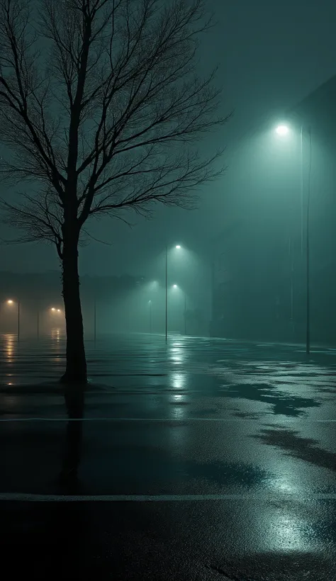 A dark empty Hospital parking lot, tree, surreal lighting, liminal, wind, dark Hospital background, hyper realistic, high detail, masterpiece.