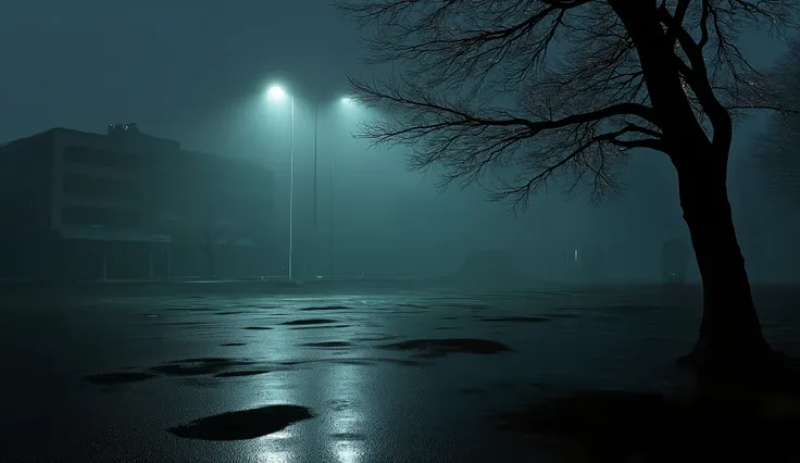 A dark empty Hospital parking lot, tree, surreal lighting, liminal, wind, dark Hospital background, hyper realistic, high detail, masterpiece.