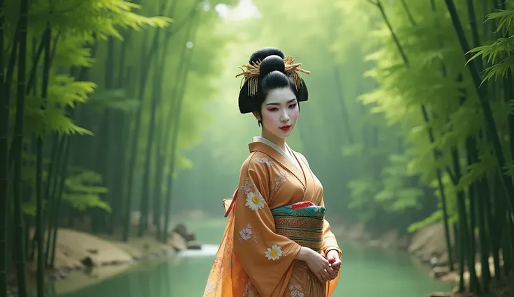 Asian Geisha girl, beautiful face, perfect body, river, Bamboo trees, Japanese forest background, sexy, seductive, high detail, masterpiece.