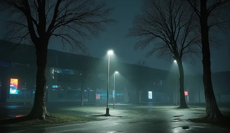 A dark empty Shopping Mall parking lot, trees, surreal lighting, liminal, wind, dark Hospital background, hyper realistic, high detail, masterpiece.
