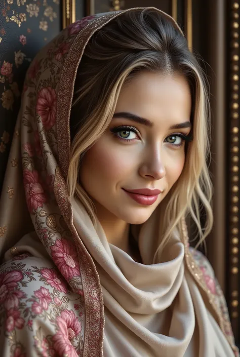 muslim woman, beautiful, original, realistic, sharp, cluster, hijab, leather and satin