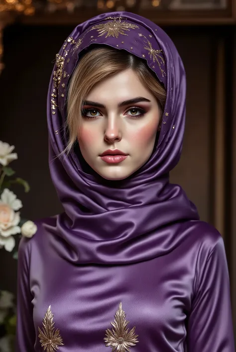 muslim woman, beautiful, original, realistic, sharp, cluster, hijab, leather and satin
