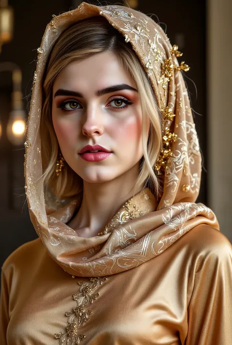 muslim woman, beautiful, original, realistic, sharp, cluster, hijab, leather and satin