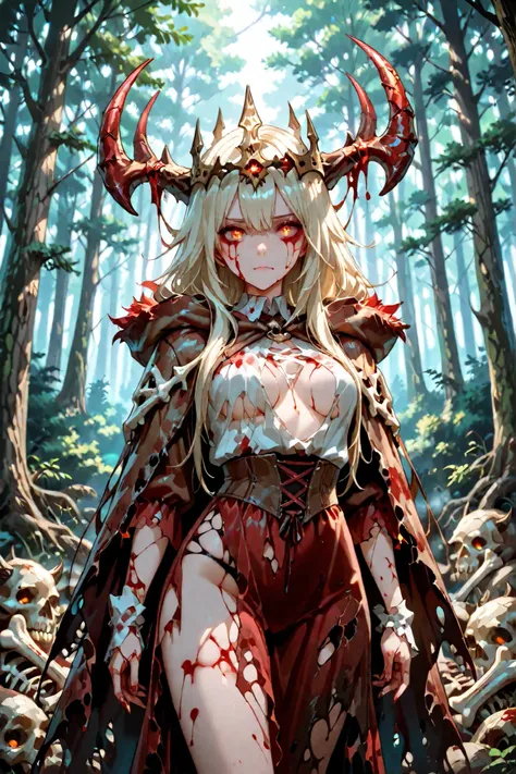 A forest witch, with a beautiful, blood-painted face, sexy body, with torn cloth clothes and animal skin, with a bone crown, with diabloical eyes