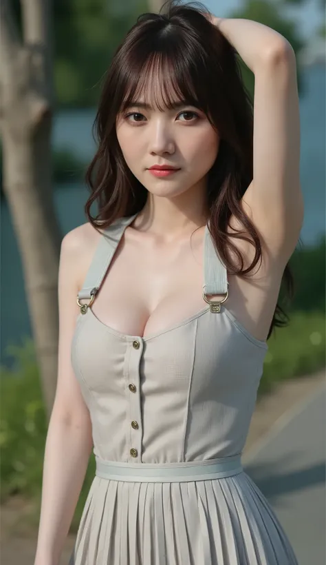 1 , 20 years old, young, Japanese, long hair, (I'm wearing a tank top with thin straps, plate miniskirt), Open button, button, photoshot, close-up, 自然なchest, skinny, chest, Attractive Face
