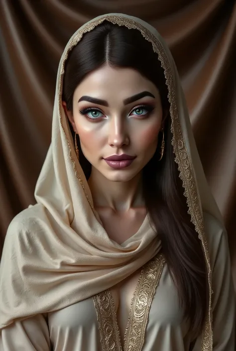 muslim woman, beautiful, original, realistic, sharp, cluster, hijab, leather and satin