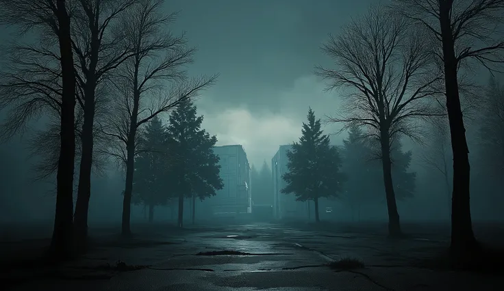 A dark empty Factory parking lot, trees, surreal lighting, liminal, wind, dark Hospital background, hyper realistic, high detail, masterpiece.