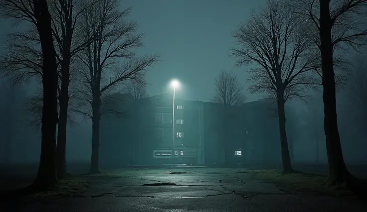 A dark empty Sanitarium parking lot, trees, surreal lighting, liminal, wind, dark Hospital background, hyper realistic, high detail, masterpiece.