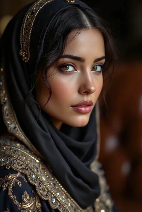 muslim woman, beautiful, original, realistic, sharp, cluster, hijab, leather and satin