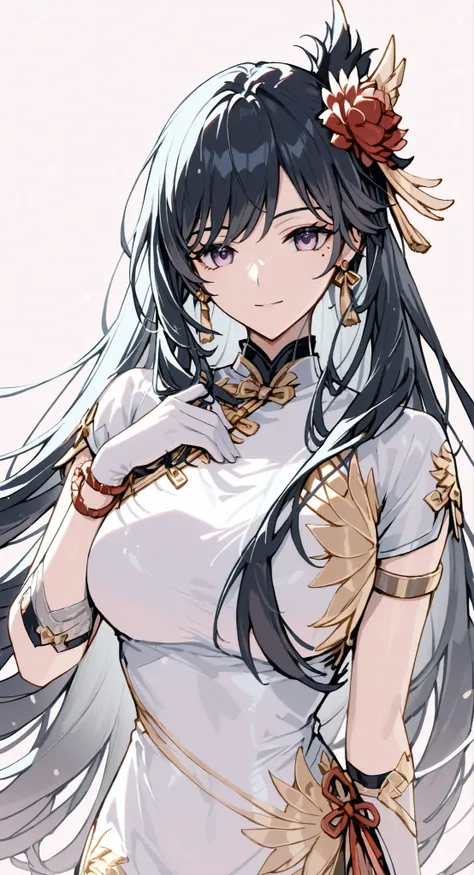 mole under eye、Armlet for left arm、bracelet for right wrist、china dress,anime girl 長い黒いい髪で and a flower in her hair,dark-haired deity , Anime Goddess,Black Haired Lady ,portrait of a zodiac knight, Haise Jinyao, Genshin character、Keking,  Full Body Senxia ...