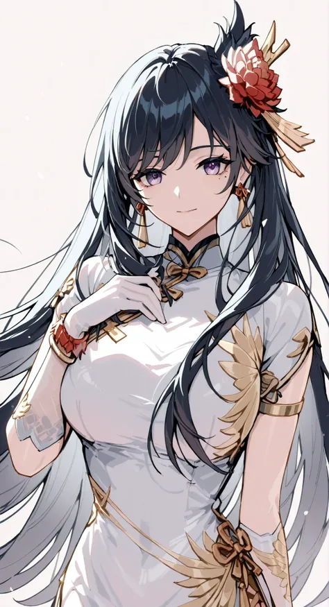 mole under eye、Armlet for left arm、bracelet for right wrist、china dress,anime girl 長い黒いい髪で and a flower in her hair,dark-haired deity , Anime Goddess,Black Haired Lady ,portrait of a zodiac knight, Haise Jinyao, Genshin character、Keking, Full Body Senxia ...
