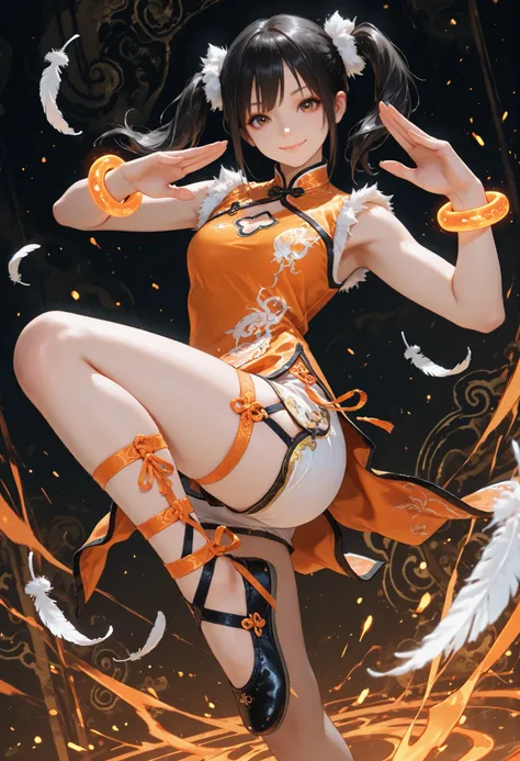 Xiaoyu, 1girl, twin tails, black hair, brown eyes, orange qipao, sleeveless qipao, Chinese dress, white feathers, Chinese symbol on chest, white shorts, black lining, ballet slippers, strapped footwear, shin straps, thick glowing bracelets, standing, abstr...