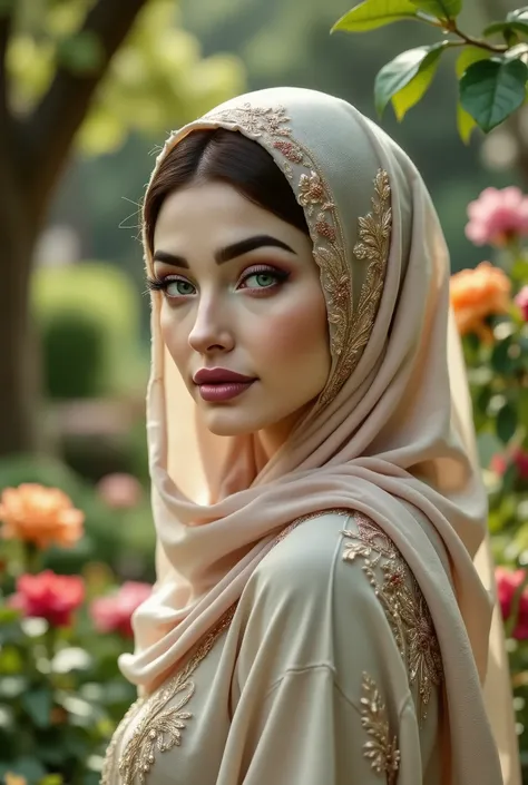 I want a very beautiful girl wearing a hijab in a garden