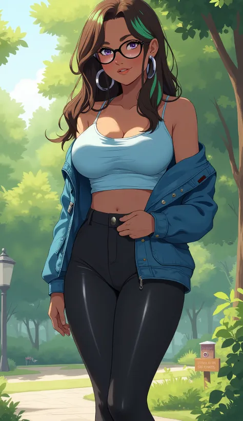 uma jovem. long hair down to the hips, ondulado e solto, and has brown hair with green highlights and highlights, lilac eyes, pele morena escura. She has large round silver earrings on her ears and wears round myopia glasses with black rods. She wears a si...