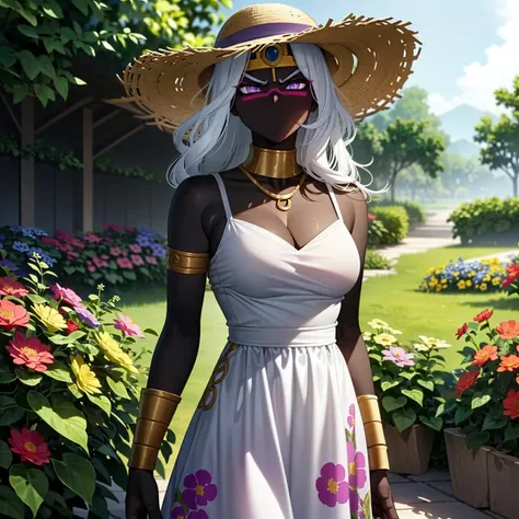  (((queentyr, colored skin, black skin, purple eyes, angry, white hair, long hair, circlet, neck ring, bracer, facial mark, (queen tyr'ahnee, black_skin, white_hair, purple_eyes), smug))),  ((smug , sun dress, printed dress, pleated dress, straw hat, garden, flowers, neckline, spring, cleavage , standing ))