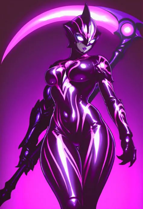 Dark Ultraman Girl. Full-face helmet head. Black helmet. Purple lips. Purple glowing eyes. Blank eyes. Eyeshadow. Glossy. Black image color. Purple decoration. Pink lines. Latex bodysuit. Cracked tattoos. Asymmetrical arms. Armored arms. Sharp claws. Perky...