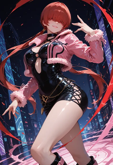 1girl, Shermie, split ponytail, long hair, bangs, hair over eyes,red hair, miniskirt, boots, fur trim, jacket, pink jacket, choker,cropped jacket, standing, abstract background, looking at viewer, detailed hands, sexy smile, dynamic pose, dynamic angle, at...