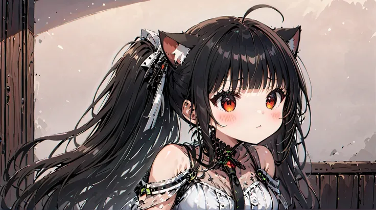 ((( Best Quality ))), (( Ultra Detailed )), ( Illustration ), (( Extremely Delicate and Beautiful)),, 1 girl, , alone, sola, ((cat girl, cat black ears)), (red eyes), (long hair), (( black hair, (Ahoge), straight bangs,)), fondo simple y en el centro se ve...