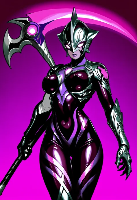 Dark Ultraman Girl. Full-face helmet head. Black helmet. Purple lips. Purple glowing eyes. Blank eyes. Eyeshadow. Glossy. Black image color. Purple decoration. Pink lines. Latex bodysuit. Cracked tattoos. Asymmetrical arms. Armored arms. Sharp claws. Perky...