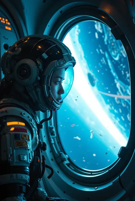 A lone Asian female astronaut inside a space capsule, staring silently out a large window at the distant view of Earth, which is partially obscured by space debris and fading into darkness, soft blue light on her face, tear floating in zero gravity, reflec...