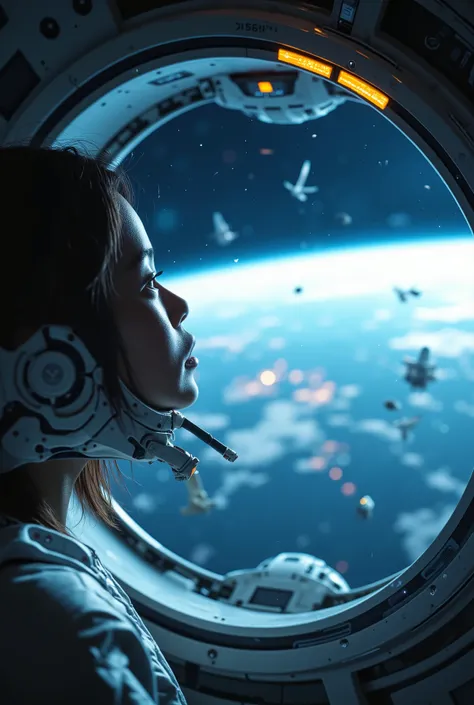 A lone Asian female astronaut inside a space capsule, staring silently out a large window at the distant view of Earth, which is partially obscured by space debris and fading into darkness, soft blue light on her face, tear floating in zero gravity, reflec...