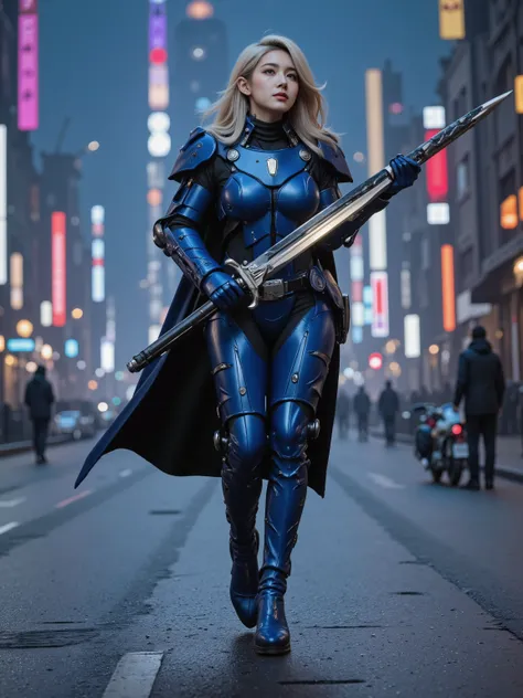 XDimension_weapon,A BEAUTIFUL SILVER HAIR ELF WOMAN, LONG POINTED ELF EARS, Equipped with a strong and massive blue reinforced exoskeleton, holding a big sword,  She is looking up at the starry sky , High Quality, masterpiece, super definition, Photo Real,...