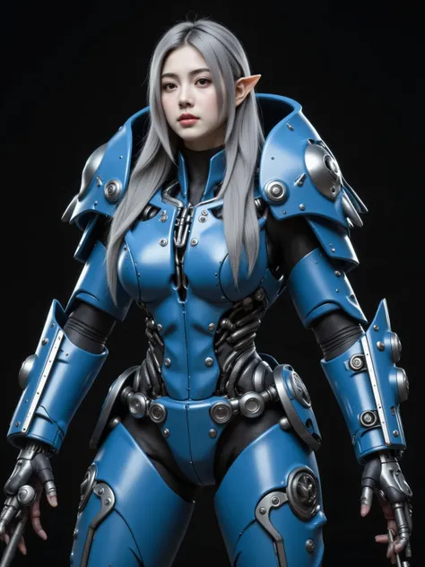 XDimension_weapon,A BEAUTIFUL SILVER HAIR ELF WOMAN, LONG POINTED ELF EARS, Equipped with a strong and massive blue reinforced exoskeleton, Holding a sword in one hand, WITH A MACHINE GUN IN ONE HAND,  She is looking up at the starry sky , High Quality, ma...