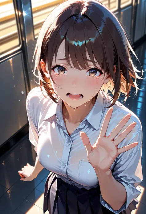  ((from above:1.1)), She is on the station platform. (((She is running while waving her hands and crying.))), 1 girls, beautiful japanese woman, crying, ((The background is evening.)), High Definition, masterpiece, Accurate, top quality, High Definition mo...