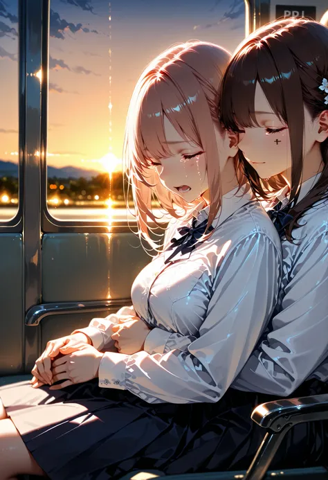 She is sitting in a seat near the train window. The train is stopped at the platform. She is overcome with sadness at their parting, and cannot stop crying. ((A friend is sitting next to her, comforting her.)), 2 girls, beautiful japanese woman, closed eye...