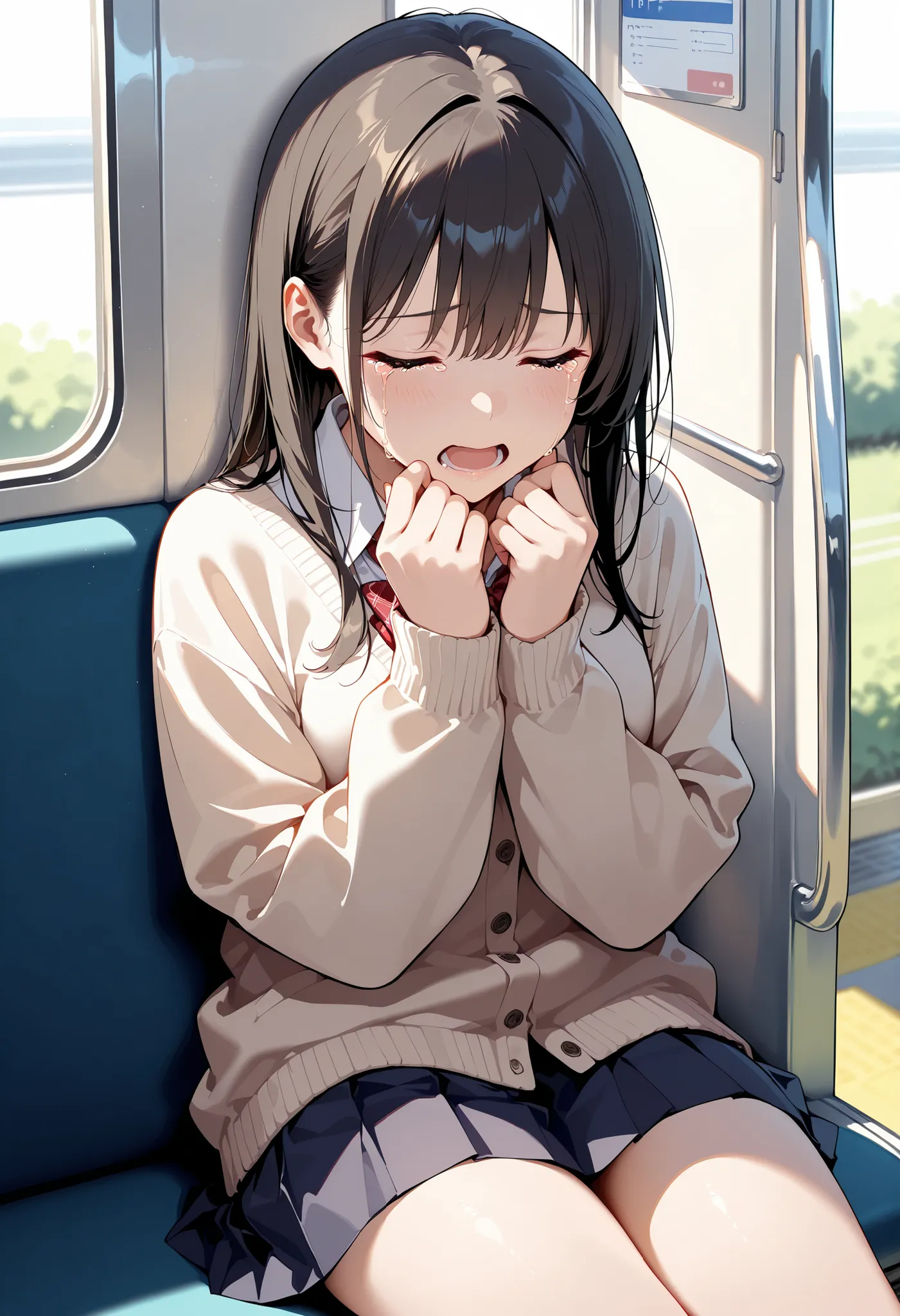 She is sitting in a seat near the train window. The train is stopped at the platform. She is overcome with sadness at their parting, and cannot stop crying. beautiful japanese woman, closed eyes, crying, tears, High Definition, masterpiece, Accurate, top q...