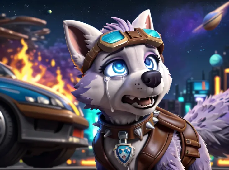 Everest, ((Paw Patrol)), ((female solo)), domestic dog, female, adult female, (blue eyes:1.65), (lavender fur:1.65), ((lavender body)), (feral:1.85), (quadruped: 1.85), ((sharp teeths)), ((large fangs)), (Shiny eyes:1.6), (glowing eyes:1.45), ((Pixar eyes)...