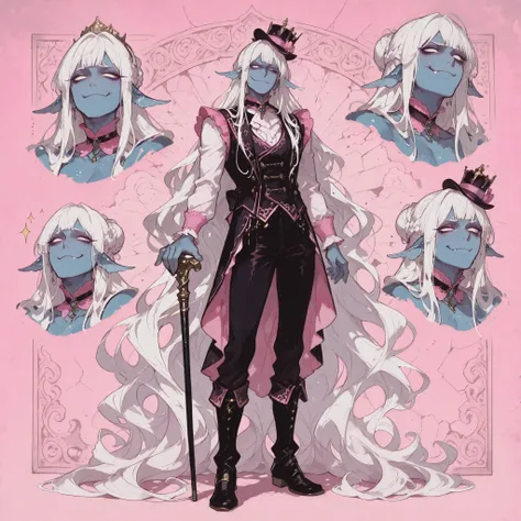 full body illustration, break, portrait, design sheet, multiple drawings, expression sheet, break, bust illustration, break, detailed illustration, break, standing, cruel smirk, closed off posture, 1 ((man)), naiad, no pupils, absurdly long wavy white hair...