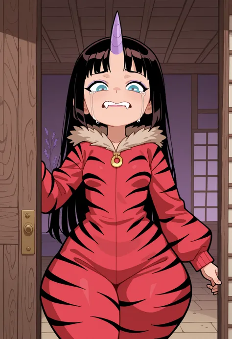 Trixie Tang, tall, slender, small breasts, huge hips, long straight black hair, blue eyes, lavender makeup, Arrows on the eyes, pink lips.| Cute little anime girl oni. She has one horn on the top of the head, wears a tiger fur outfit on the body, has big r...