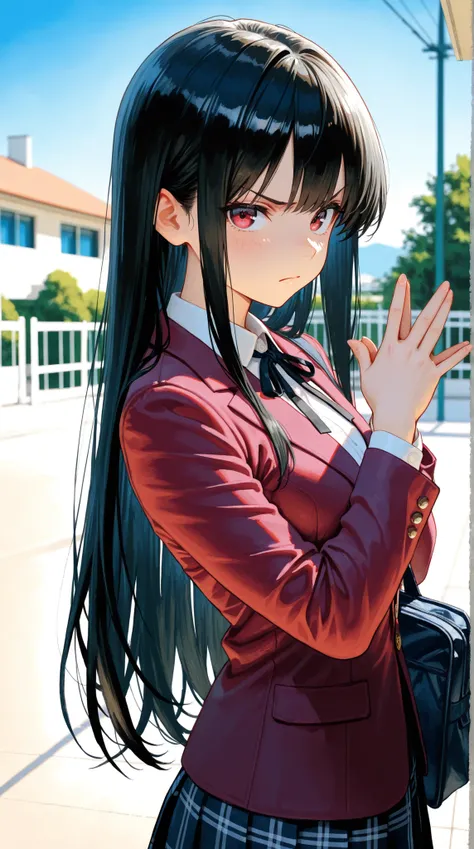 1girl, black hair,long straight hair,Maroon Blazer 、black ribbon、Check Skirt、background is blue sky,expression of angry、has a soft serious face、depth of field, fake traditional media, Picturesque, Impressionism, masterpiece, high score,  Great score , very...