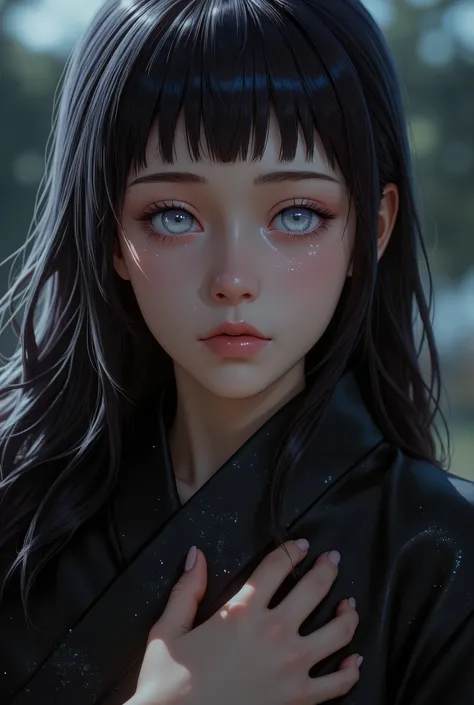 Tear-Jerker Masterpiece" Recreate the story that made you cry—whether from Sorrow, soul-stirring moments!, Crying Expression, tears Down at her Beauty face, The Cry That Broke After Her Husband's Funeral, Beauty Female wearing All-Black Kimono,Hyūga_Hinata...