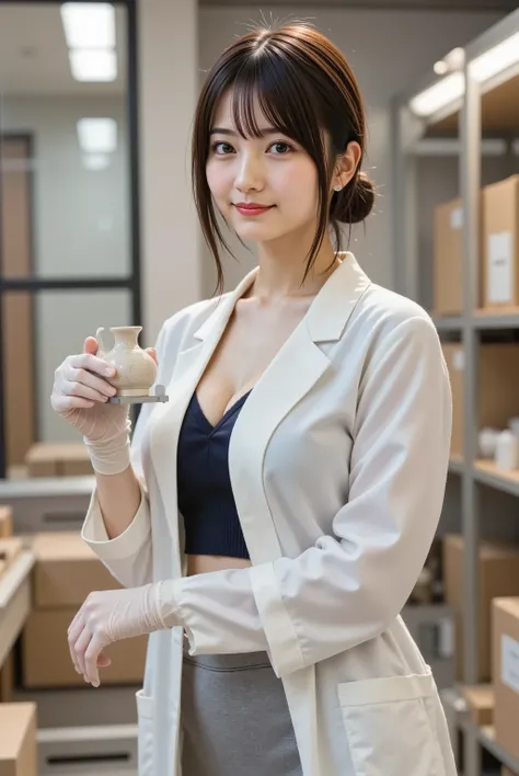 haruka,professional photography, masterpiece, high resolution, a knee-up portrait of a 20-year-old intellectual Japanese woman with a focused, gentle smail, working as a curator in the conservation lab in the back of a museum. She has delicate Japanese fac...