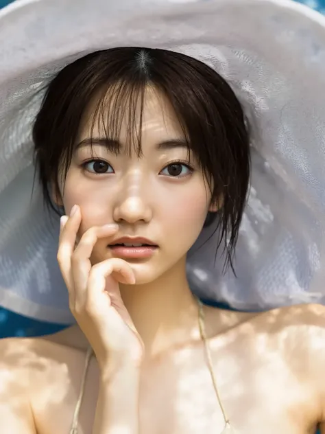 Headshot,bright smiles,sexy pose,yellow microbikini,young gravure idol,Fair skin,smiling,slender with SMG,High Definition,Studio Lighting,4K, HDR, Ultra-realistic, Portrait, beautiful, Elegant, Attractive,  smooth skin, Perfect look, Refined daytime pool