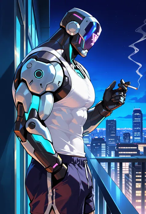side view, night, balcony, leaning, cityscape, male, kayo_valorant, robot, (white tank top:1.2), shorts, holding cigarette, glowing, muscular, broad shoulders, perfect anatomy, masterpiece, perfect quality, best quality, detailed, newest, very aesthetic