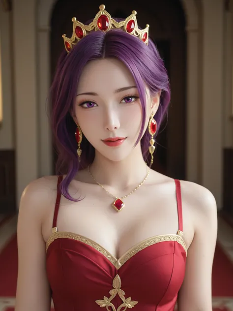 (Show me your armpits),(melew:1.2),in a castle, saloon ,There is a red carpet on the floor,  watch out, 's dress,long sleeve,A jewel and a gold crown,collarbone, 深いchestの谷間, purple_My hair, purple_eye, jewelry, earrings, 1 , 20 years old,infp young woman, ...