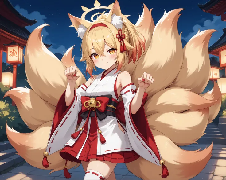 1 furrygirl, fox girl, long hair, straight hair, hairband,ponytail, multicolored hair, blonde hair, crown braid, hair between eyes, yellow eyes, yellow halo animal ear fluff, red eyes, slit pupils, miko, detached sleeves, bare shoulders, kneehighs, walking...