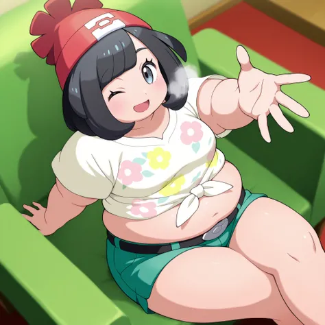 high resolution picture, masterpiece, best quality, amazing quality, official art, 1girl, selene_(pokemon),  zzSelene, 1girl, solo, black hair, red headwear, beanie, ,  small breasts, anime screencap, official art style,             , BREAK, curvy , green ...
