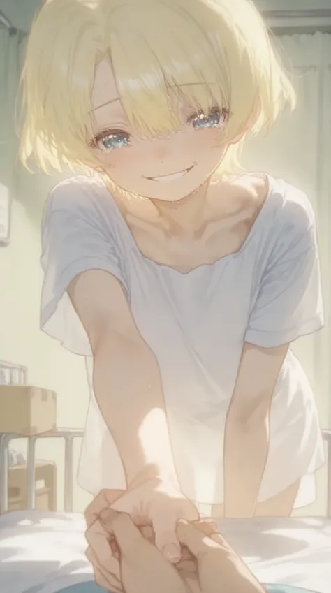 Frail, emaciated woman is lying on a hospital bed, smiling gently、Reaching Out to Viewers. man is holding her arm with both hands, I can't see his face , but、Tears fall from him, The. scene captured during the fall is intimate and emotional, soft, Ethereal...